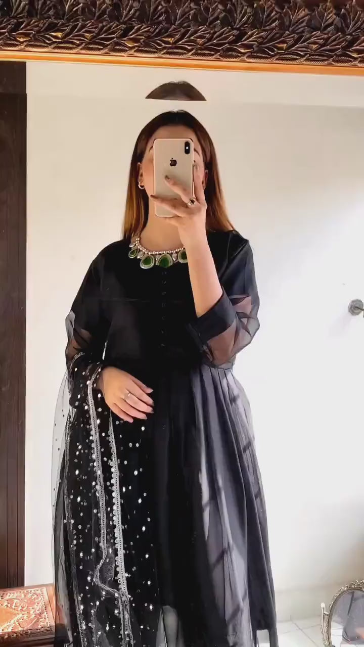 3 Pcs Women's Stitched Chiffon Plain Maxi And Trouser
