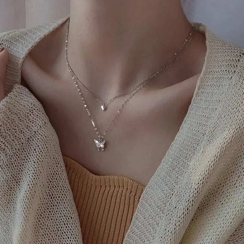 Double-layer Butterfly Necklace Women's Ins Light Luxury Collarbone Chain Niche Design Neck Chain 2024 New Fashionable Pendant Jewelry