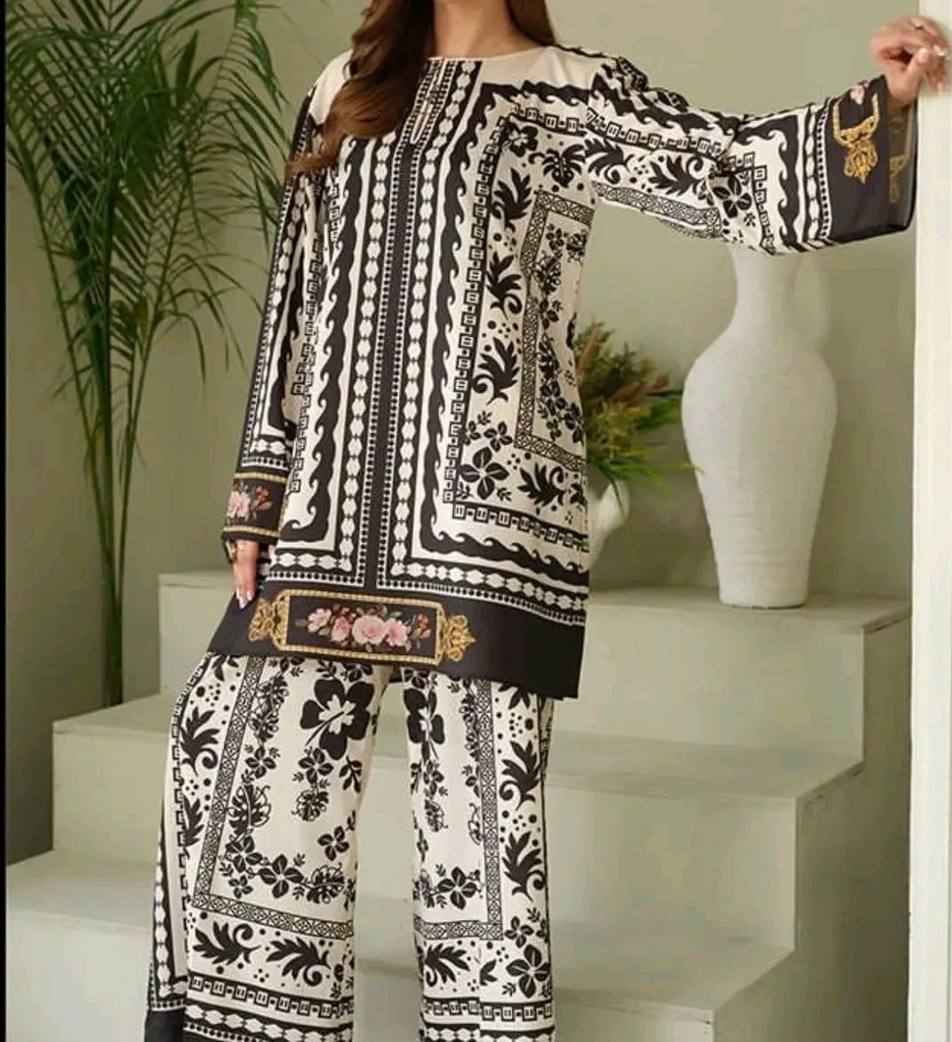 Stylish Printed V-Neck Shirt and Plain Trouser Set - 2 Pcs for Women