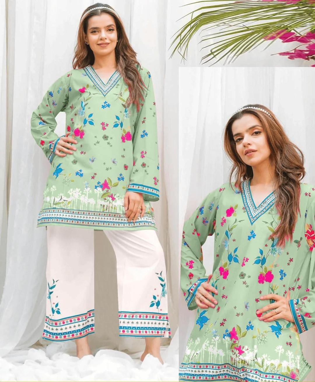 2 Pcs Women's Stitched Swiss Lawn Printed Shirt And Trouser