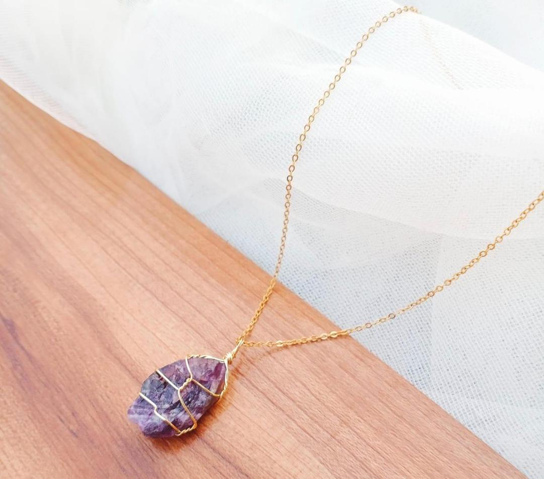 Funky Gold Plated Purple Gemstone Pendant Necklace - Unique Adjustable Design