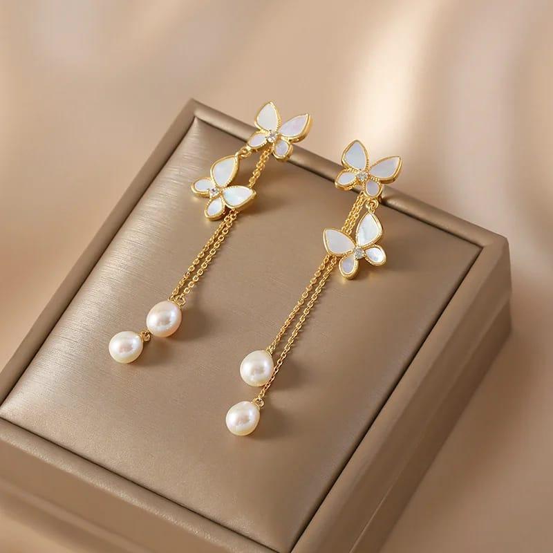 Butterfly Hanging Gold Plated Artificial Stones Earrings