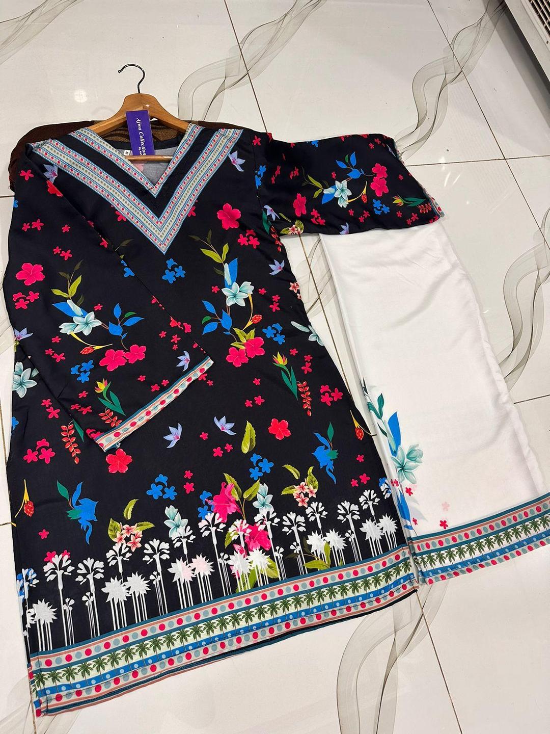 2 Pcs Women's Stitched Swiss Lawn Printed Shirt And Trouser