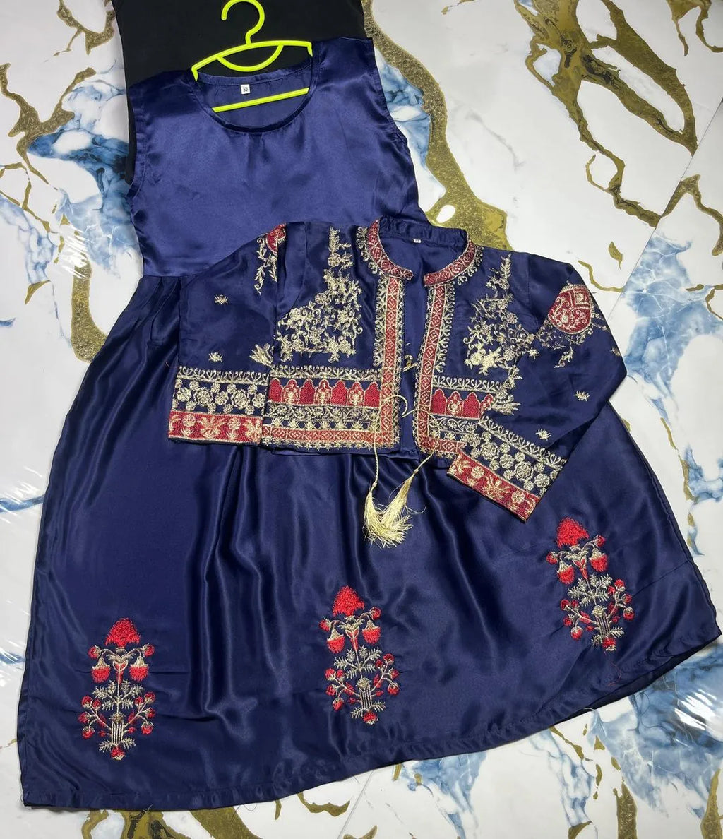 2 Pcs Girl's Silk Embroidered Maxi & Jacket