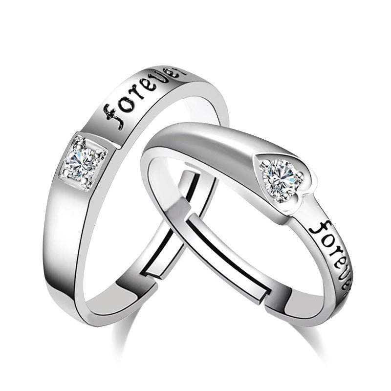 English Love Shape Eternal Zirconium Ring Open Couple Ring Live Silver Ring