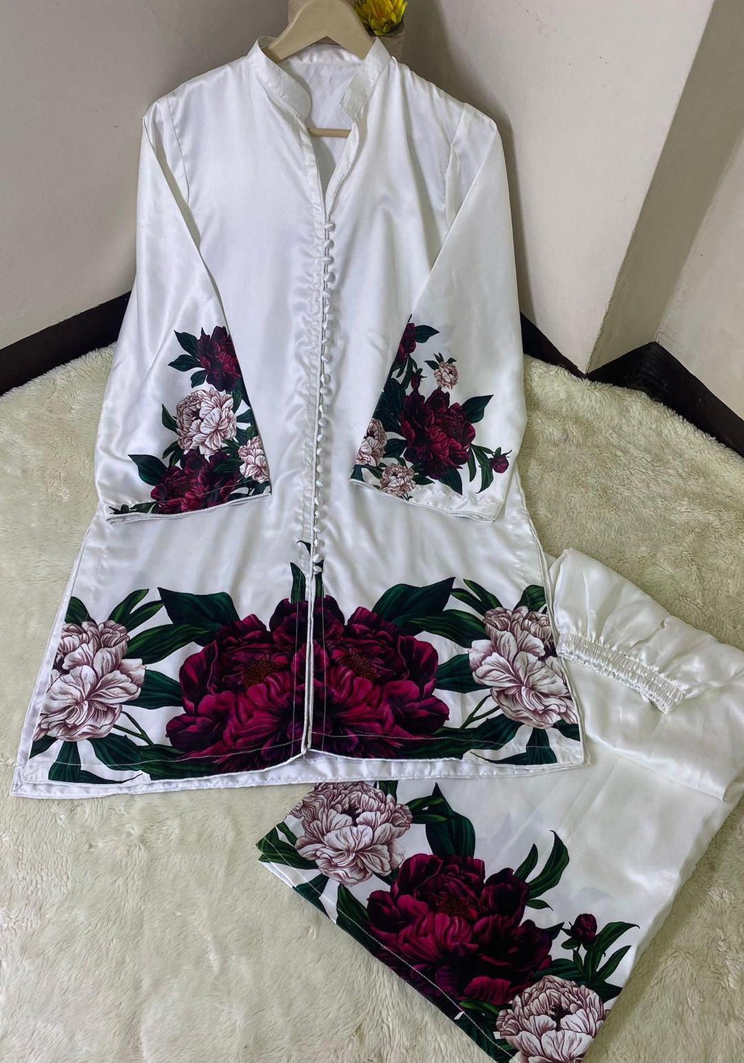 2 Pcs Women's Stitched Printed Silk Shirt And Trouser