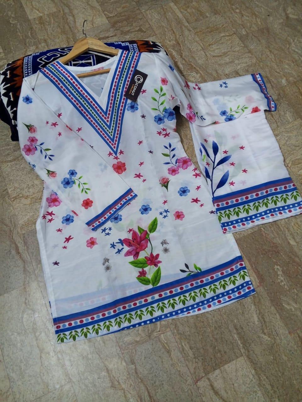 2 Pcs Women's Stitched Swiss Lawn Printed Shirt And Trouser