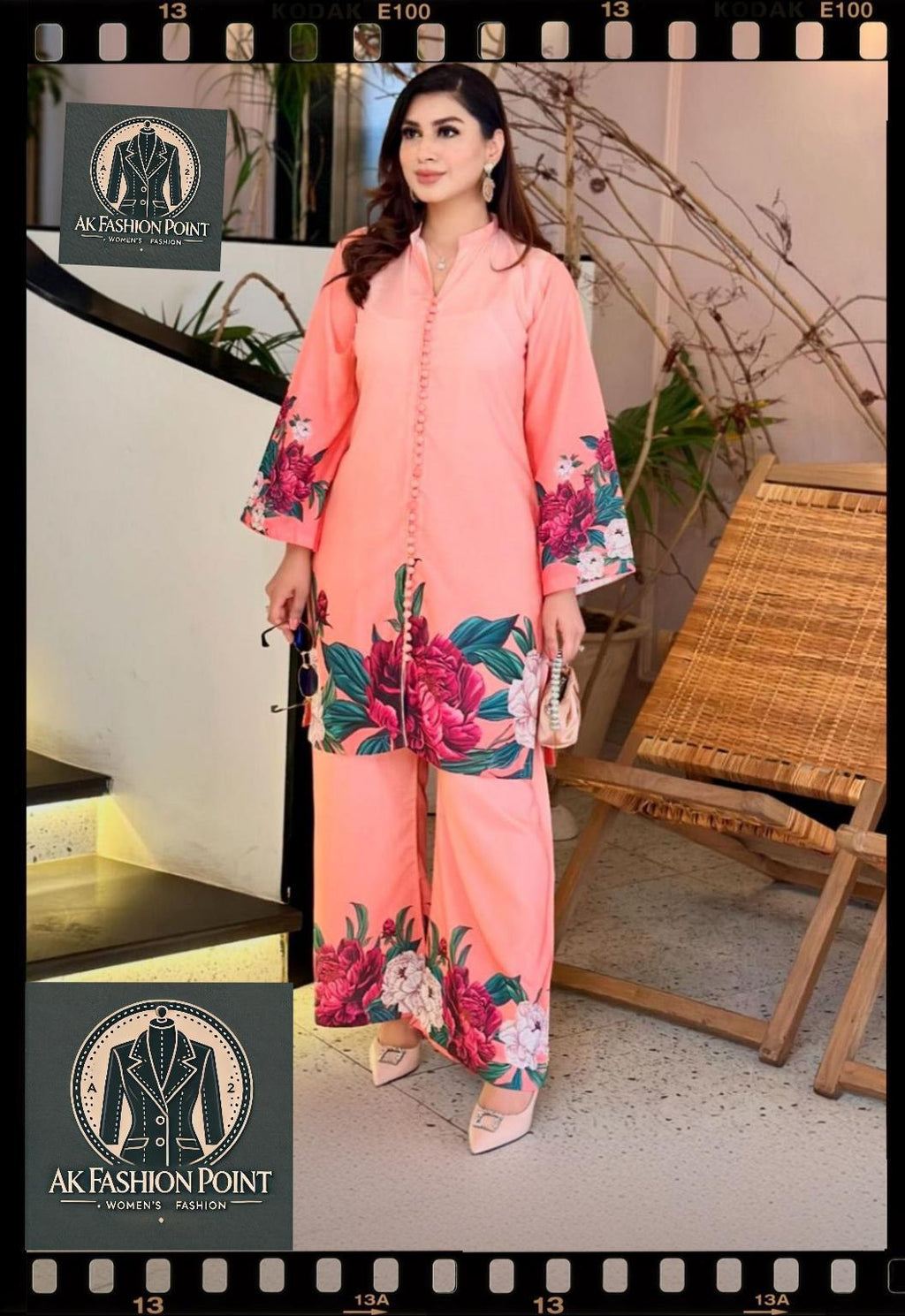 Stylish Peach Printed Co-Ord Set - 2 Pcs Women's Stitched Shamoz Silk