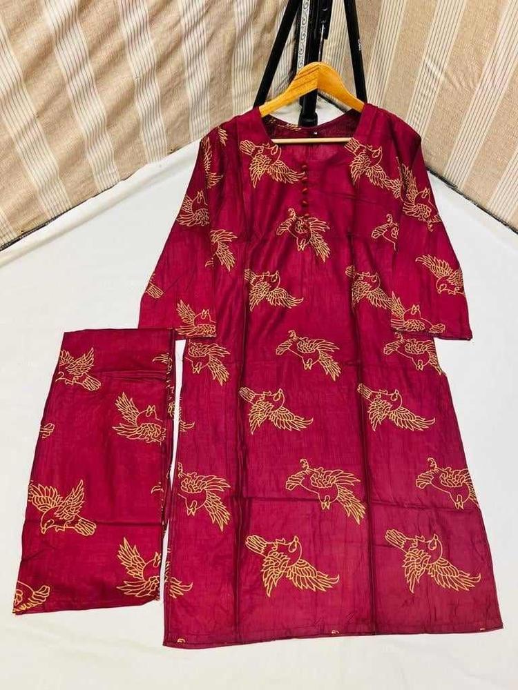 2 Pcs Women's Stitched Linen Printed Shirt And Trouser - Maroon