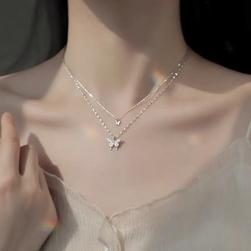 Double-layer Butterfly Necklace Women's Ins Light Luxury Collarbone Chain Niche Design Neck Chain 2024 New Fashionable Pendant Jewelry