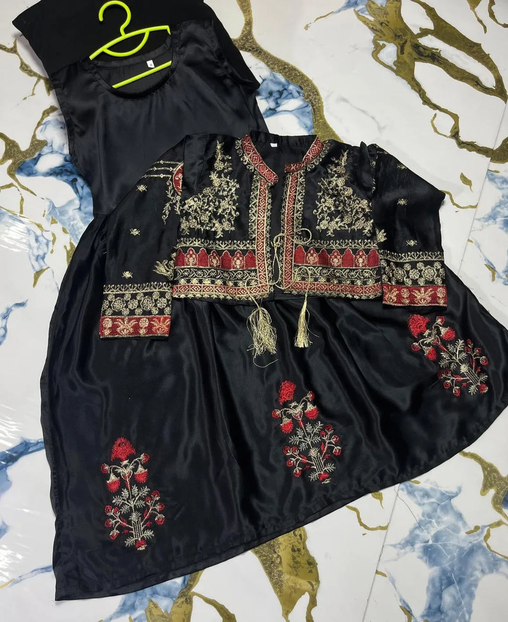 2 Pcs Girl's Silk Embroidered Maxi & Jacket