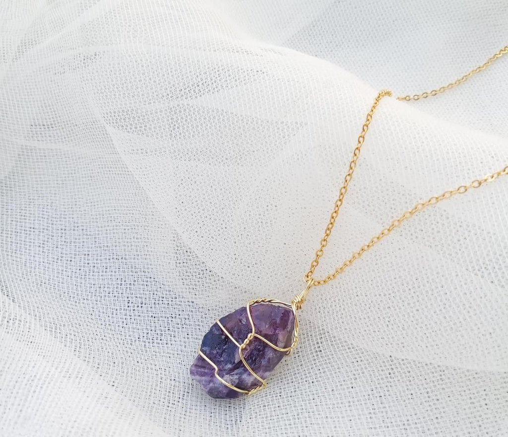 Funky Gold Plated Purple Gemstone Pendant Necklace - Unique Adjustable Design