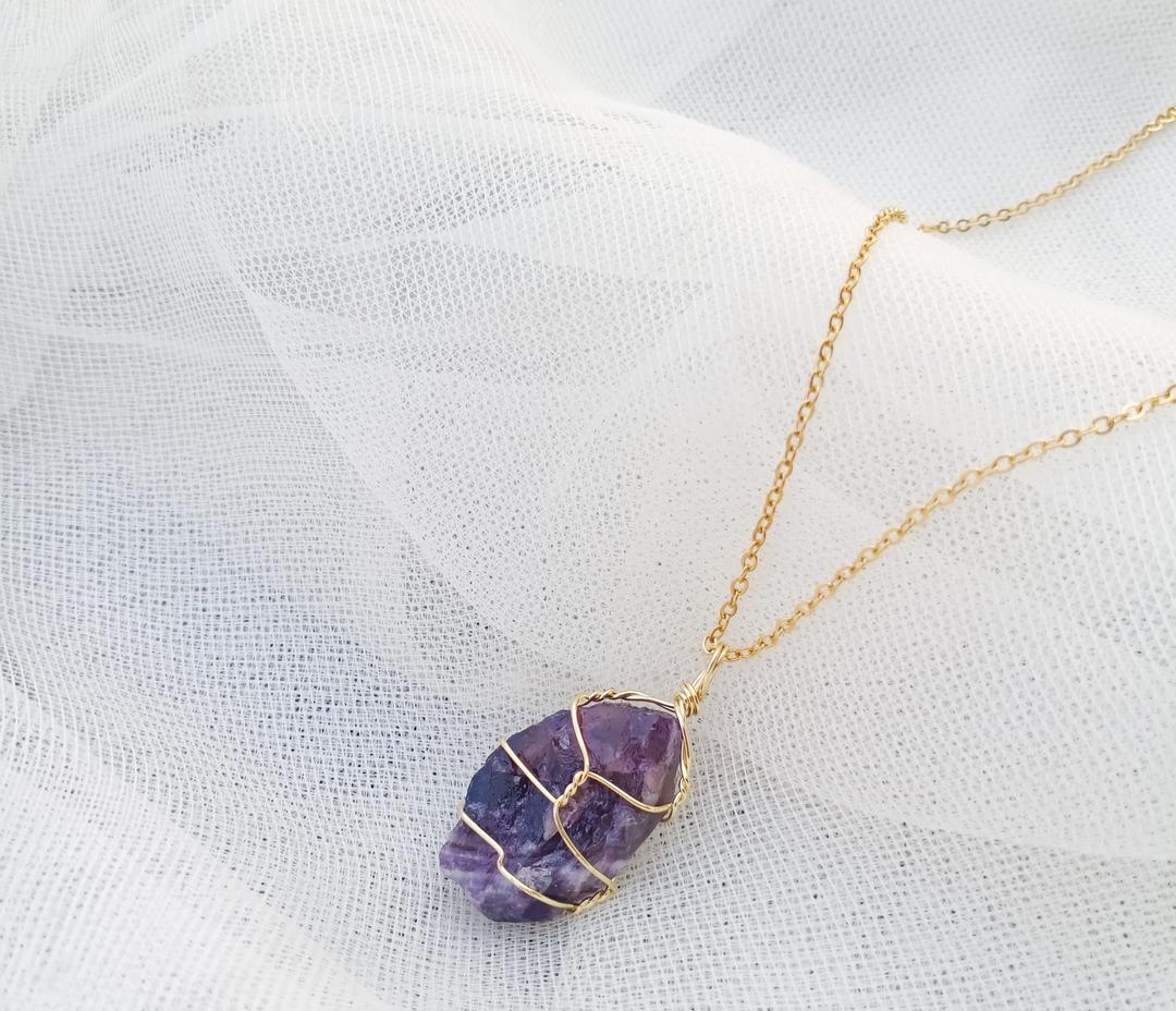 Funky Gold Plated Purple Gemstone Pendant Necklace - Unique Adjustable Design