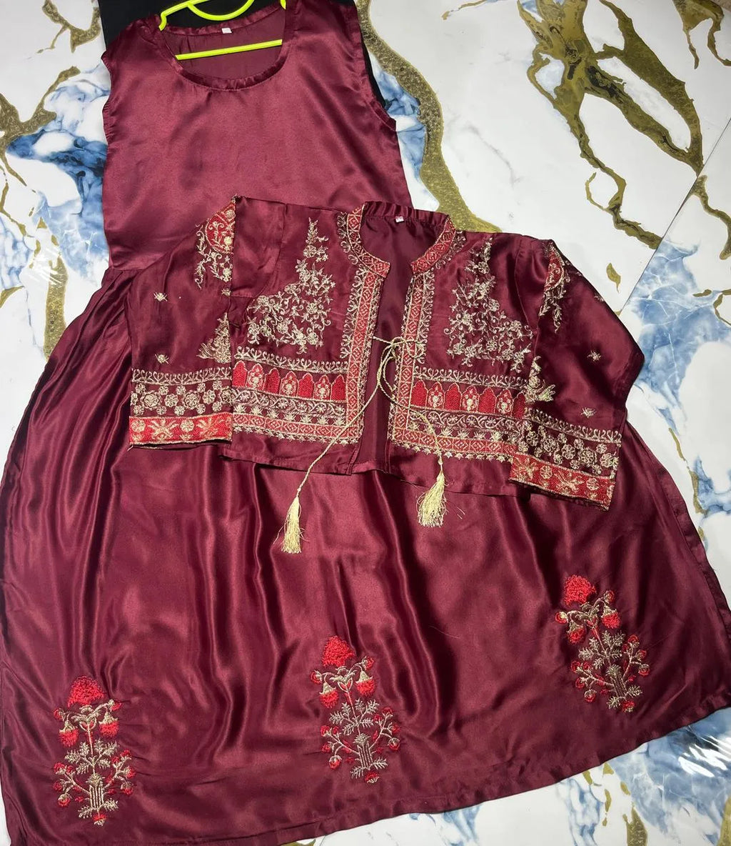 2 Pcs Girl's Silk Embroidered Maxi & Jacket