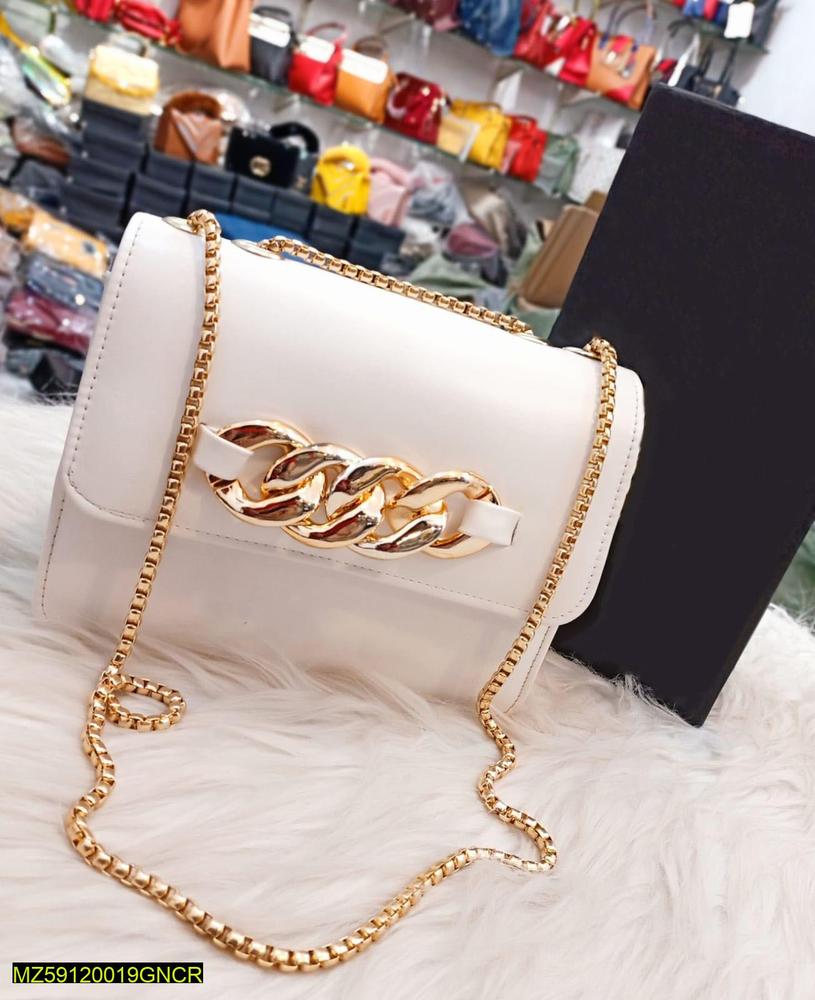PU Leather Plain Hand Bag With Long Chain Strap
