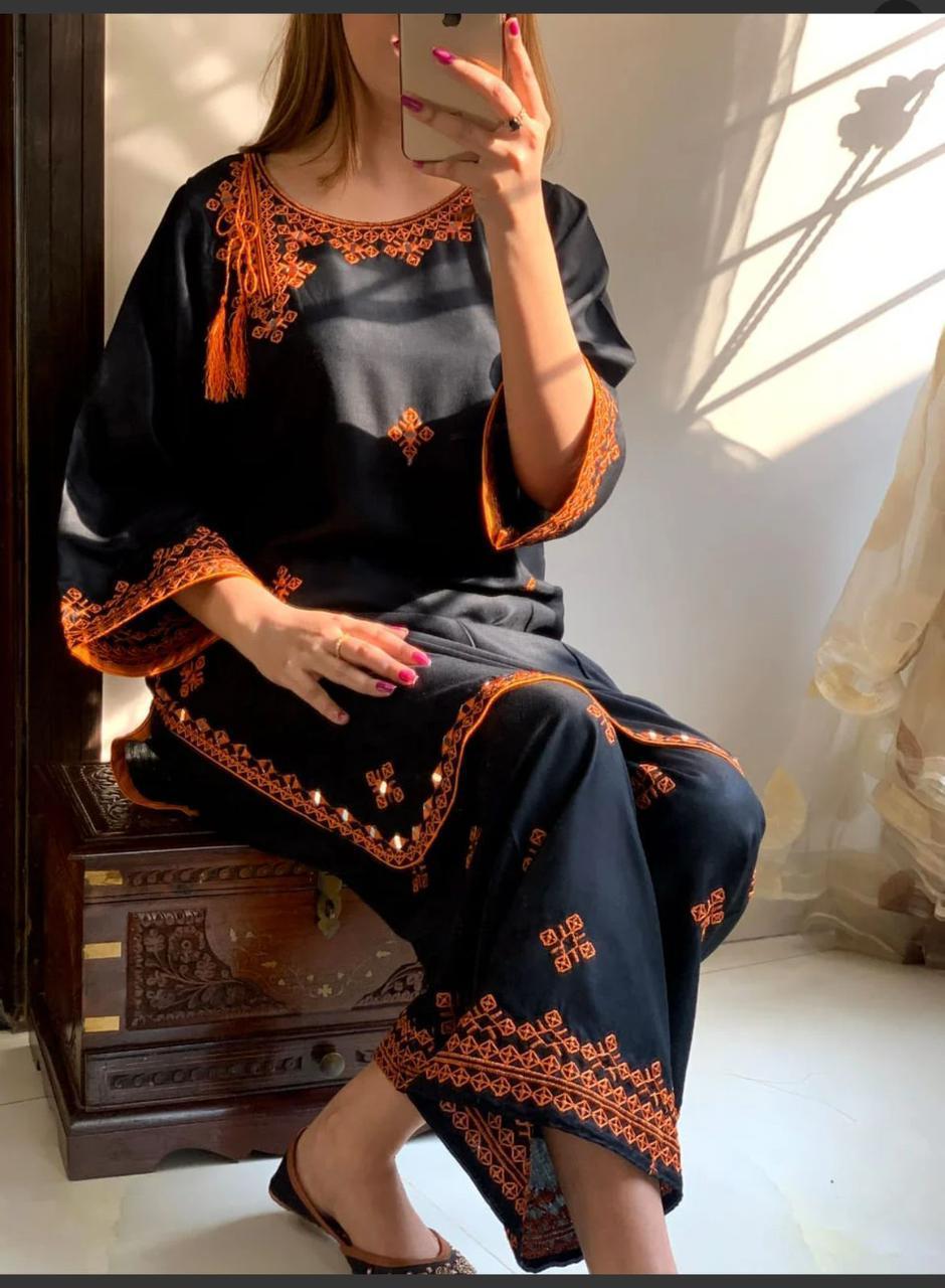 2 Pcs Women's Stitched Linen Embroidered Shirt And Trouser