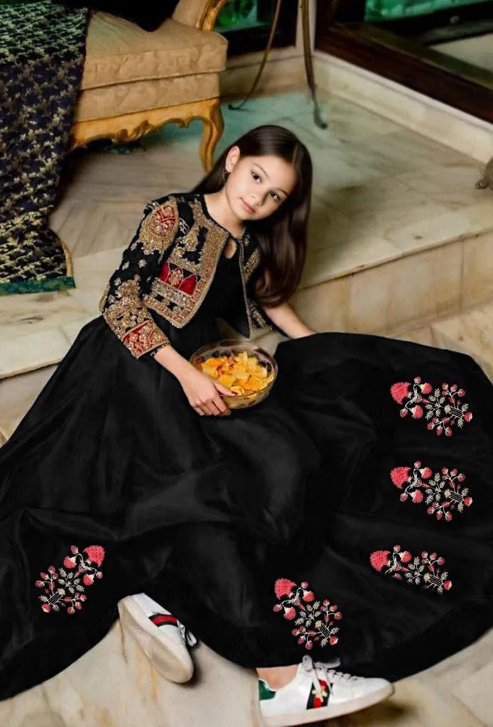 2 Pcs Girl's Silk Embroidered Maxi & Jacket
