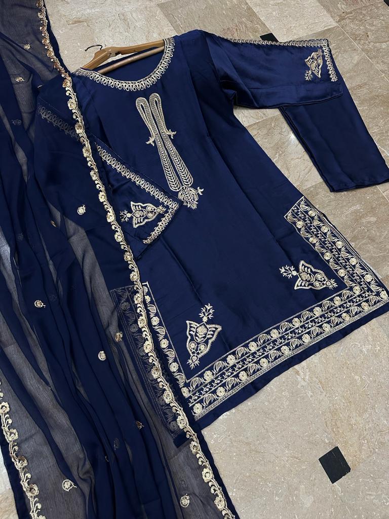 3 Pcs Women's Stitched Shamoz Silk Embroidered Shirt And Trouser