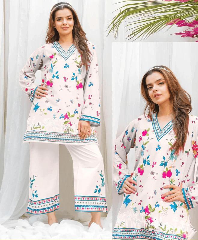 2 Pcs Women's Stitched Swiss Lawn Printed Shirt And Trouser