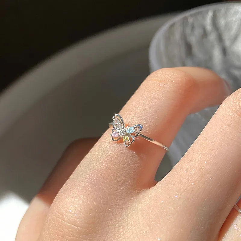 Butterfly Ring Women's Summer Atmosphere Inlaid Color Zirconium Ring Daily Simple Color Dream Butterfly Finger Ring Opening