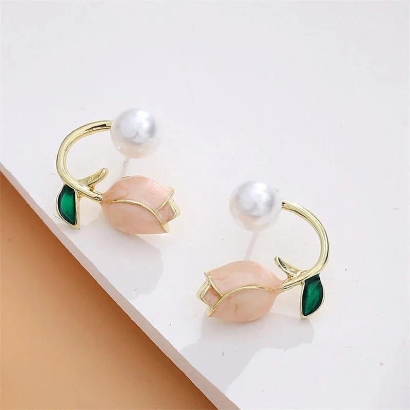 Flower Design Gold Plated Pearl Earrings