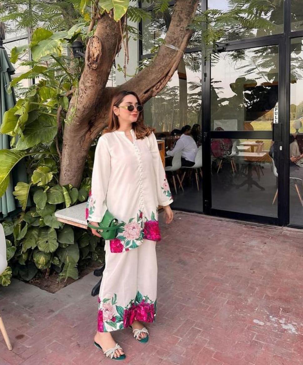 2 Pcs Women's Stitched Printed Silk Shirt And Trouser